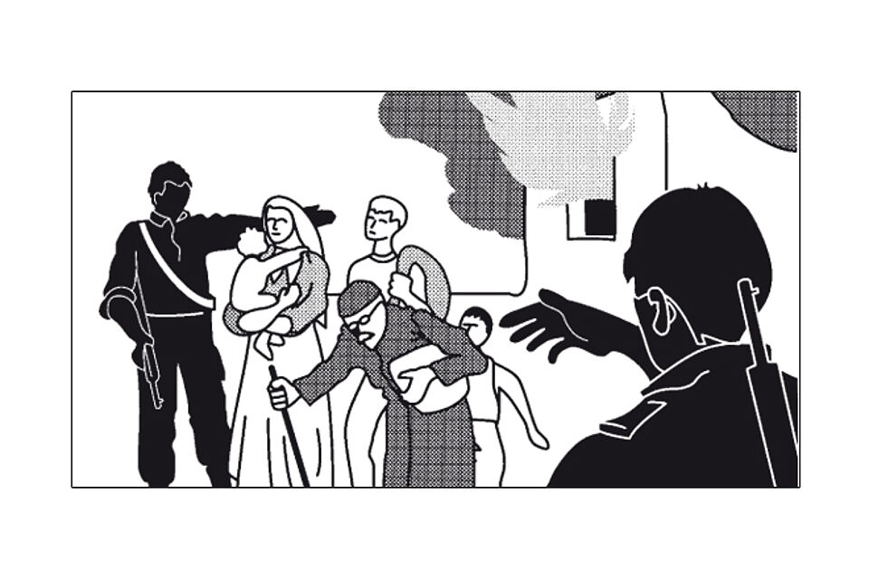 Männer führen Familie weg